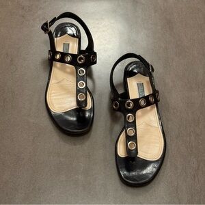 Prada Black Leather Sandals with Grommet Hardware